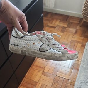 Philippe Model White Leather Sneakers with Pink Toe